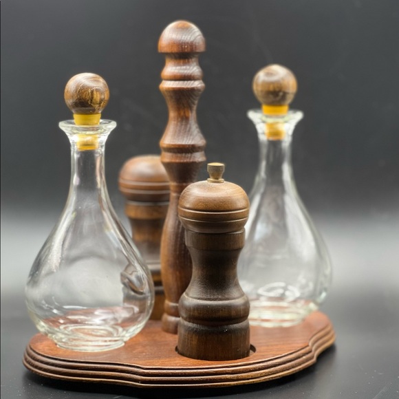 Vintage Glass Oil/Vinegar Wood Salt/Pepper Wood Caddy 5 Pieces Made In Japan